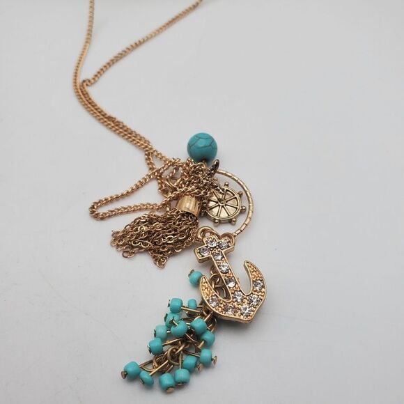 Sailor themed anchors away turquoise gold toned‎ necklace
